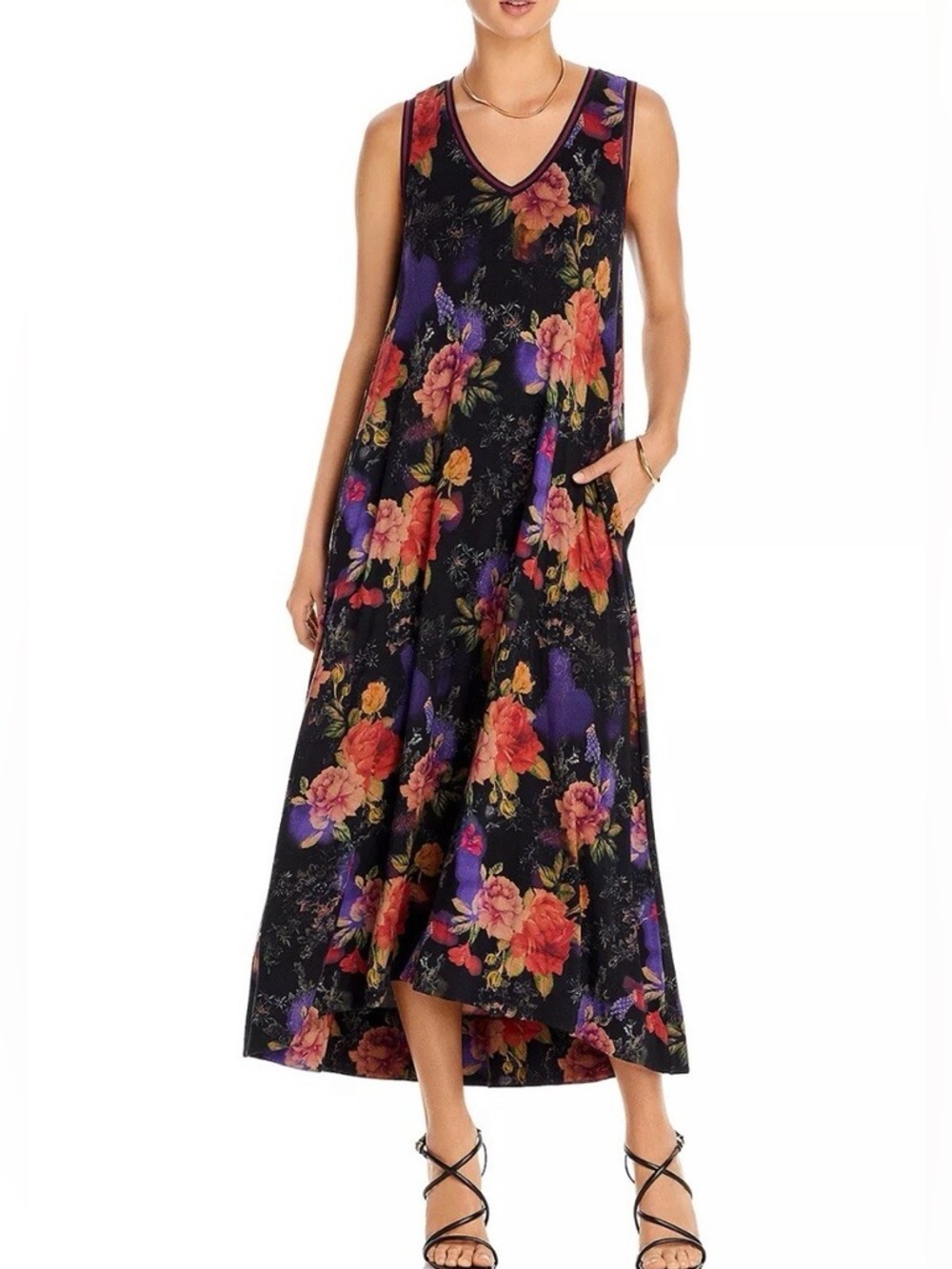 Johnny Was Embroidered Floral Neck Patch Top - Black with Pink & Yellow Accents